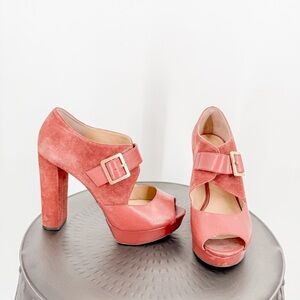 Michael Kors Eleni 4.5" Block Heels Platform Peep Toe Brick Red Suede Leather